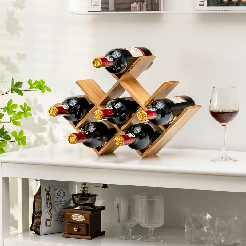 Costway - 8-Bottle Bamboo Wine Rack Freestanding Wine Bottle Display Holder Storage Shelf