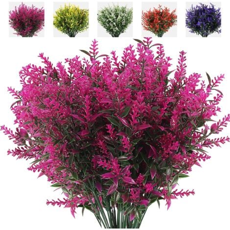 XIDJUIKM 8 bouquets de fleurs artificielles, fausses plantes d'extérieur, fleurs artificielles de lavande anti-ultraviolets, arbustes en plastique, ornements d'intérieur et d'extérieur (violet)