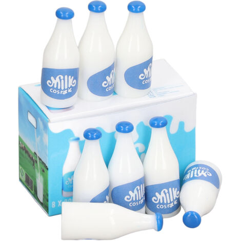 8 bouteilles de lait miniatures en plastique détaillées pour maison de poupée 1:12 et 1:6, set décoration bleu