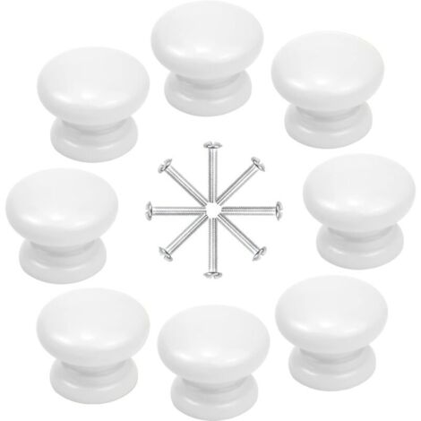 8 Boutons Meuble Blancs 33 mm en Bois Ronds pour Armoire Tiroir Placard avec Vis