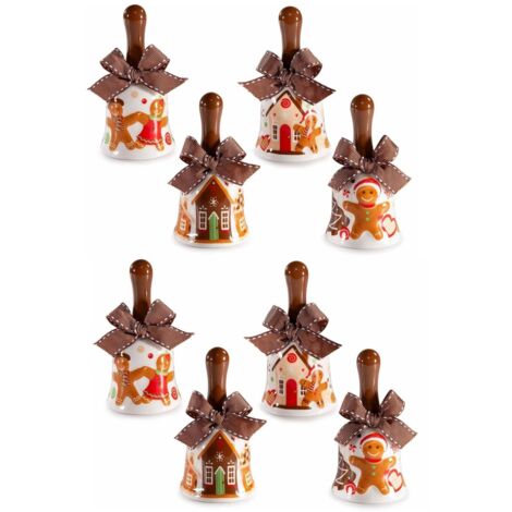 8 Campanelle Natalizie in Ceramica con Omini Pan di Zenzero - Idea Regalo