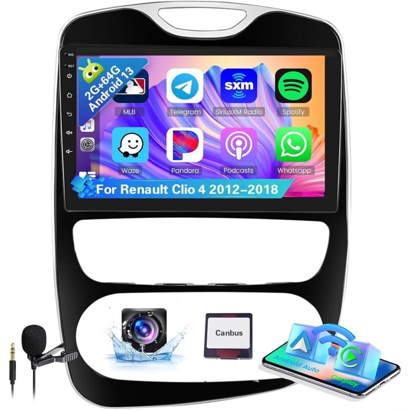 8 Cœurs 4+64G Autoradio pour Renault Clio 4 2012-2018 sans Fil Carplay Android Auto, 9'' Écran Tactile Android Bluetooth Radio GPS WiFi Lien Miroir
