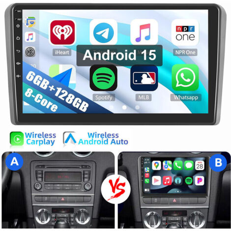 8 cœurs 6+128G Android 15 Pour Audi A3 S3 RS3 2003-2013 Autoradio Carplay GPS RDS WIFI 6+128G