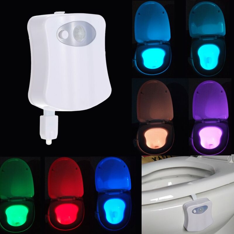 

8 colores LED Luz nocturna para inodoro Activada por movimiento Sensible a la luz Dusk to Dawn Lampara con pilas