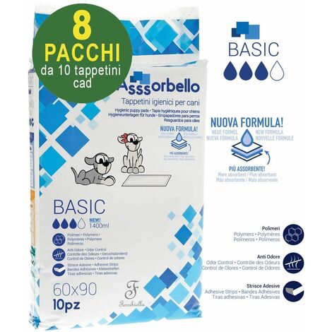 8 Conf. x 10 Pads chacun: 10 tapis hygiéniques pour chien Basic 60x90cm absorbants, étanches et résistants aux odeurs avec bandes adhésives