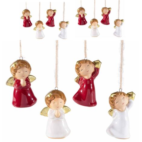 8 Decorazioni Natalizie da Appendere a Forma di Angeli in ceramica Dipinta