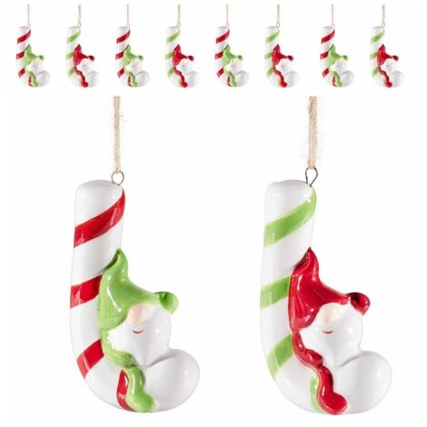 8 Decorazioni Natalizie da Appendere per Albero in Ceramica - Bastoncino e Gnomo
