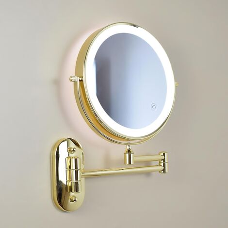 8" Double-Sided Vanity Makeup Mirror Rechargeable Wall Mounted Lighted, Double Sided 1X/10X Magnifying Vanity Mirror, 3 Color Lights Touch Dimmable with 360° Swivel 13 Inch Extendable Arm, Golden