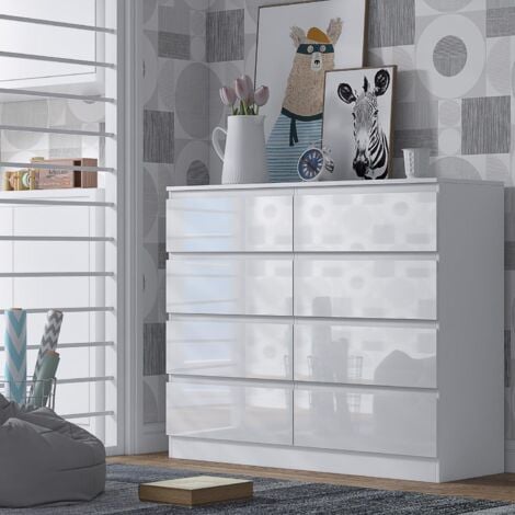 IQGB 8 Drawer Chest Of Drawers Gloss White Bedroom Furniture