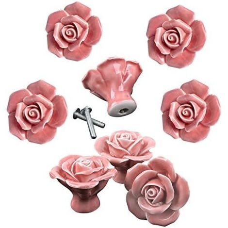 8 elegante rosa Rosen-Schrankknöpfe aus Keramik