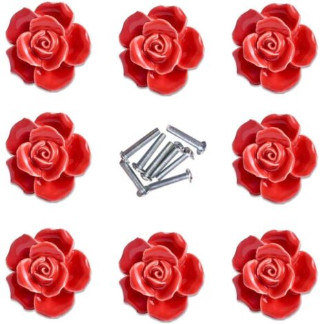 8 elegante rote Rosen-Schrankknöpfe aus Keramik