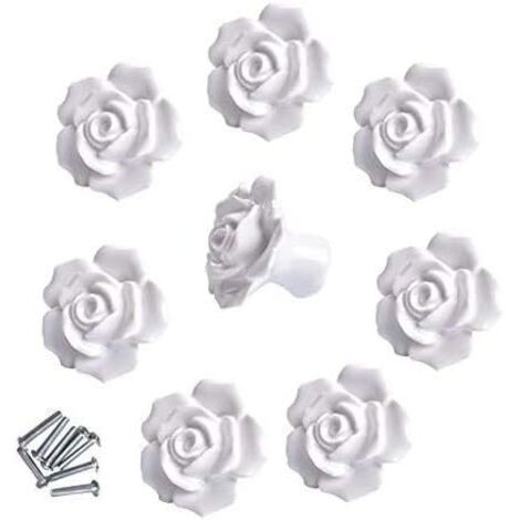 8 elegante weiße Rosen-Schrankknöpfe aus Keramik