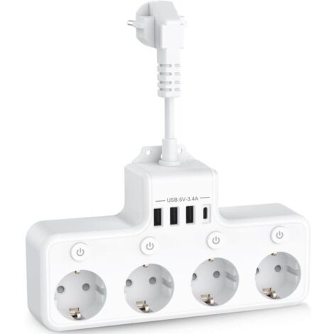 8 en 1 Multiprise USB 4 Prises avec 4 Ports USB Chargeur de Voyage (5V/3A,5V/2.4A) Multi Prise Multiple Electrique 3680W 16A avec 4 Interrupteur Individuel Multiple pour Maison, Bureau-Blanc