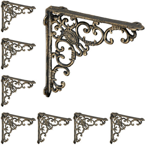 8 Escuadras Estantería Retro, Hierro Fundido, Estilo Barroco, Soportes Repisas, Envejecidas, Color bronce