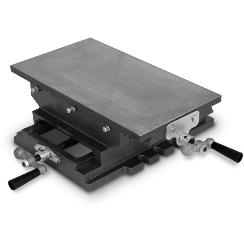 Table croisée en fonte et acier, table travail 200 x 360mm, hauteur travail 120mm, étau à 2 axes axes pour travaux de perçage et de fraisage, table