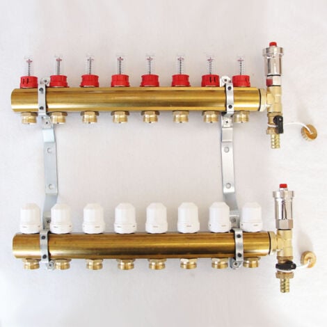 SANIMIX24 8-fach Heizkreisverteiler komplett mit Regulationsventilen, Entlüftern und Topmeter Durchflußanzeiger - HKV für Fußbodenheizung