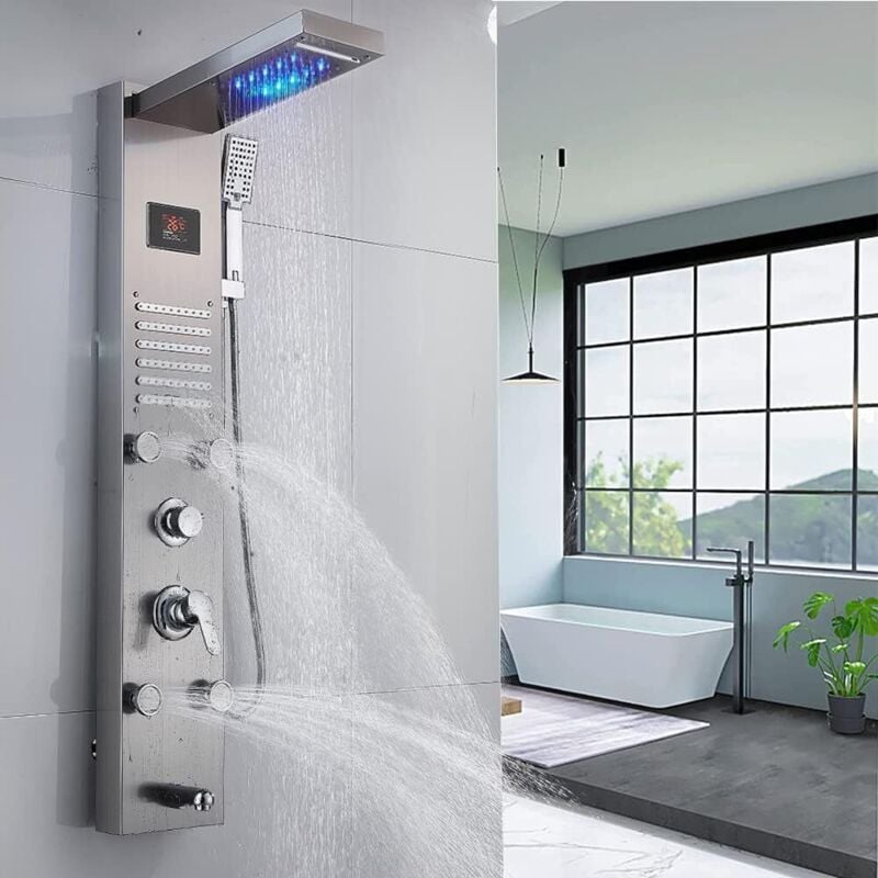 Xiiw - 8 fonctions Panneau de douche avec robinet, 4 jets de massage, douche pluie, douchette, cascade, colonne de douche led Système de douche Kit