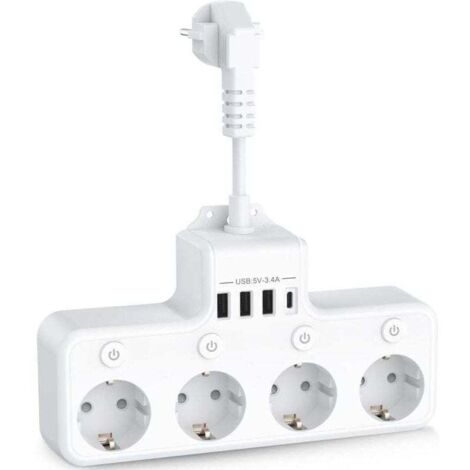 8-in-1 USB-Steckdosenleiste mit 4 Steckdosen, 4 USB-Anschlüssen und Reiseladegerät (5 V/3 A, 5 V/2,4 A), 3680 W, 16 A Mehrfachsteckdosenleiste mit 4 Einzelschaltern für Zuhause und Büro – Weiß