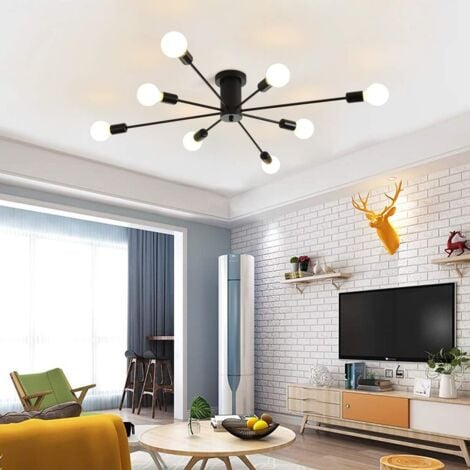 8-Light Chandelier Ceiling Lamp Black Industrial Semi Flush Mount Ceiling Light Fixture Mid Century Modern Pendant Light for Kitchen Farmhouse Living Room Bedroom