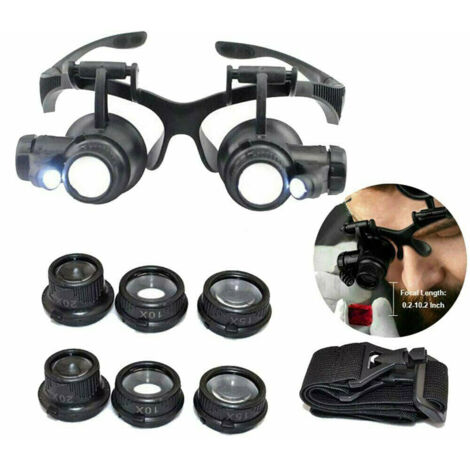 8-Linsen-Tischlupe mit LED-Beleuchtung – 10x/15x/20x/25x – Clip-Halterung und Kopfband – Für Schmuck und Reparaturen