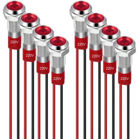 8 luces indicadoras LED de 6 mm, 220-230 V, impermeables, de metal, para montaje en panel, de cabeza plana con cables, carcasa plateada, color rojo