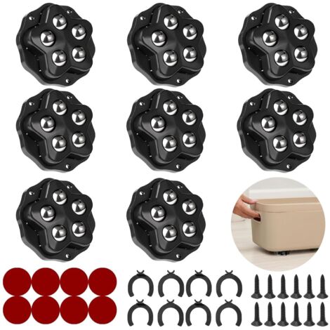 8 mini roulettes 5 billes adhésives + vis, charge 300 kg, rotation 360°, noires