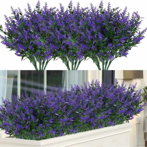 8 paquets de lavande artificielle extérieure fausses fleurs arbustes résistants aux UV, faux plastique verdure pour intérieur extérieur plantes suspendues jardin porche fenêtre boîte mariage maison fe