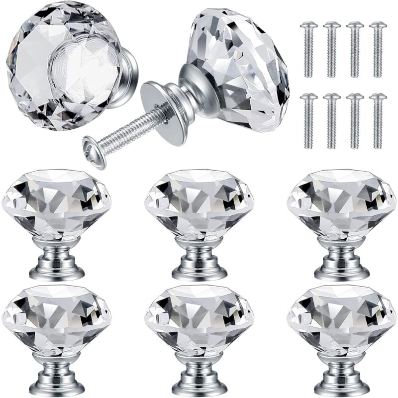 8 Pcs Bouton de Porte de Cristal, Poignées de Diamant, Poignee de Meuble Diamant, Poignée Boutons Décoration de Armoire, Tiroir, Cuisine Bouton