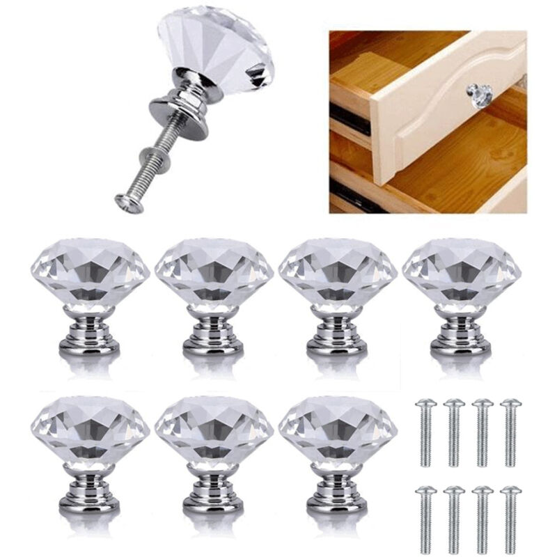 8 Pcs Bouton de Porte de Cristal, Poignées de Diamant, Poignee de Meuble Diamant, Poignée Boutons Décoration de Armoire, Tiroir, Cuisine Bouton