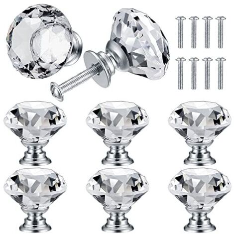 8 Pcs Bouton de Porte de Cristal, Poignées de Diamant, Poignee de Meuble Diamant, Poignée Boutons Décoration de Armoire, Tiroir, Cuisine Bouton Poignées - 30 mm