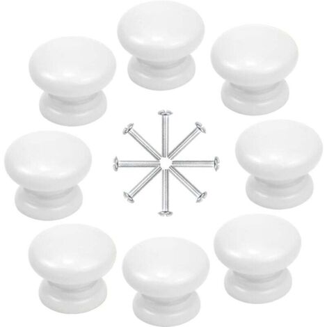 8 Pcs Boutons de Meuble 33MM Blanc Boutons de Porte d'Armoire en Bois Boutons de Tiroir Rondes Boutons de Placard Champignons Boutons pour Armoire Placard Commode Tiroir avec Vis