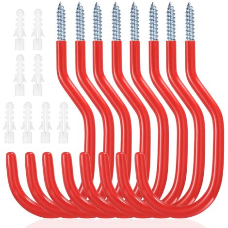 8 Pcs Crochet de Vélo, Support Velo Mural, Crochets de Rangement, Porte Velo Mural, Crochets de Garage, Crochets à Visser pour Plafond de Garage Vélos Outils électriques Tuyaux Arrosage(Rouge)