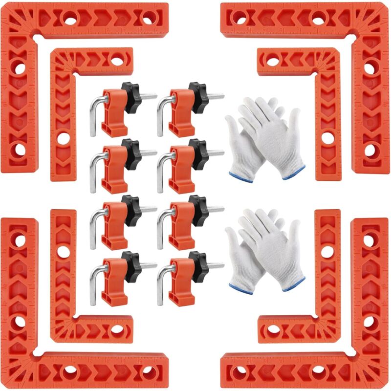 8 pcs équerres de positionnement, plastique pince de positionnement à 90 degrés, avec 8 pcs pinces, 4 pcs gants de travail, pour le travail du bois,