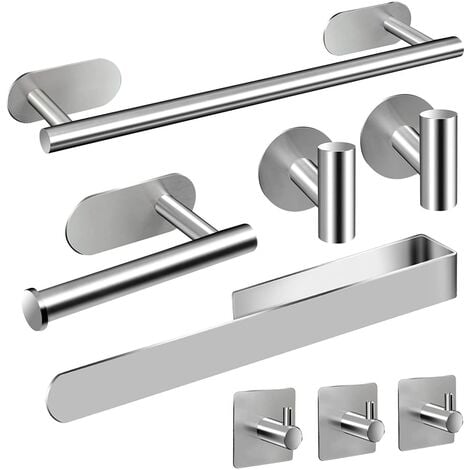 8 PCS Juego de Toalleros Baño Autoadhesivo Accesorios Baño de Acero Inoxidable Portarrollo Gancho Plata