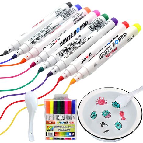 8 Pcs Magical Water Painting Pen, Water Doodle Pens Color Whiteboard Pen, Doodle Water Floating Pens with a Ceramic Spoon, for Drawing Mats Painting Boards