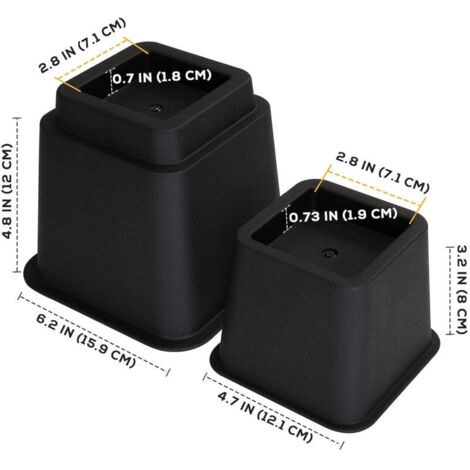 8 Pcs Pied Rehausseurs Meubles Réglables (4 Hauts, 4 Courts) - Rehausseurs Peu Encombrants pour Lit, Table et Canapé (8 à 20 cm)(Noir)