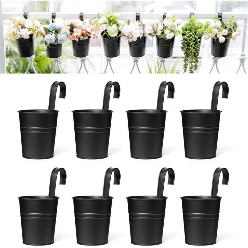 8 Pcs Pots de Fleurs Suspendus en Fer, Jardinières pour Garde-Corps et Clôture, Noir, 4 Pouces