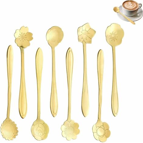 8 Pezzi Cucchiaini da Caffè Cucchiaini da Tè Cucchiaio in Acciaio Inossidabile a Forma di Fiore per Dessert, Zucchero, Gelato e Marmellata (Oro)