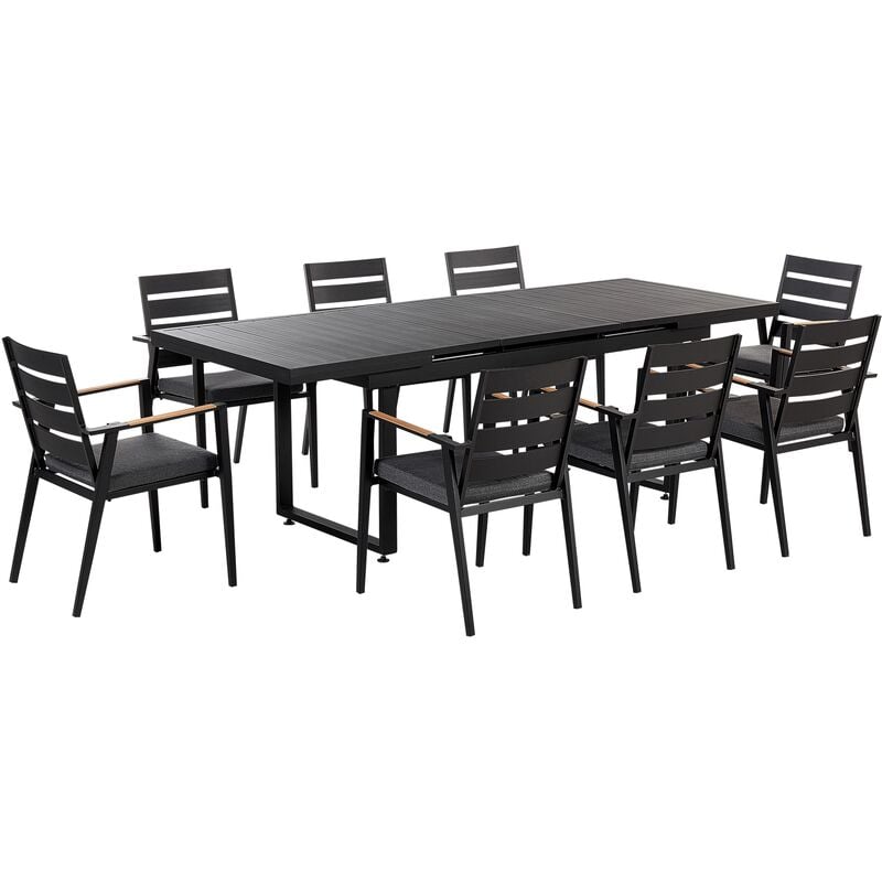 8 Piece Garden Dining Set Chairs and Extending Table Black with Seating Cushions Aluminium Valcanetto/ Taviano