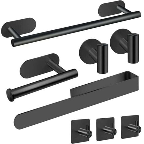8-Piece Towel Holder Self-Adhesive Black Bathroom Accessories Toilet Paper Holder Towel Hook Stainless Steel for Toilet Kitchen Office
