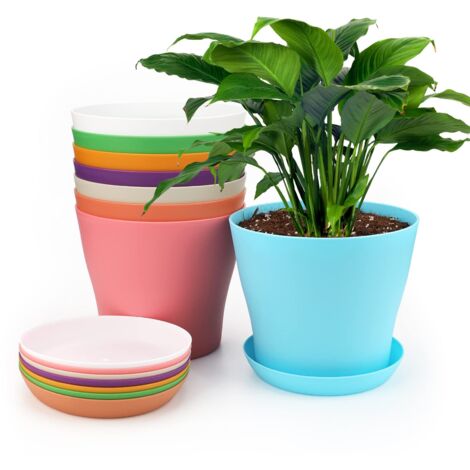 8 Pièces 14 CM Pots Plastique Plantes, Cache Pot Interieur Exterieur, Pot de Fleur avec Plateaux, Convient aux Semis, Cactus, Plantes Succulentes, Orchidées, Herbes -8 Coloré