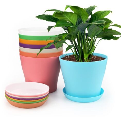8 Pièces 14 CM Pots Plastique Plantes, Cache Pot Interieur Exterieur, Pot de Fleur avec Plateaux, Convient aux Semis, Cactus, Plantes Succulentes, Orchidées, Herbes -8 Coloré