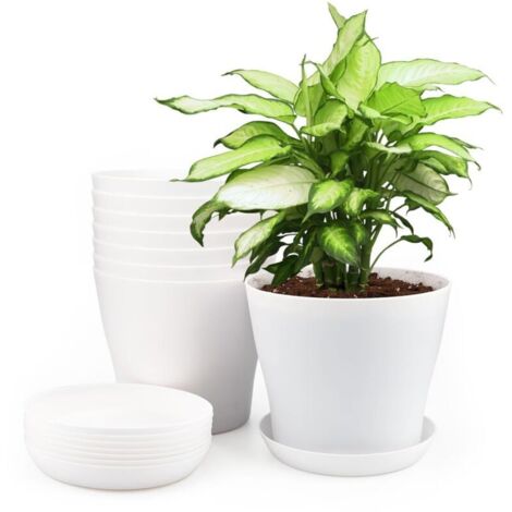 8 Pièces 14 CM Pots Plastique Plantes, Cache Pot Interieur Exterieur, Pot de Fleur avec Plateaux, Convient aux Semis, Cactus, Plantes Succulentes, Orchidées, Herbes -Blanc