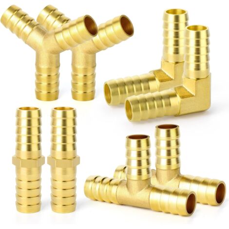 8 Pièces 6mm pouce en laiton tuyau Barb Set, 90 degrés L angle droit coude, forme de Y d'air Barb, Tee carburant/AIR/eau/huile/gaz/WOG Kit 10mm
