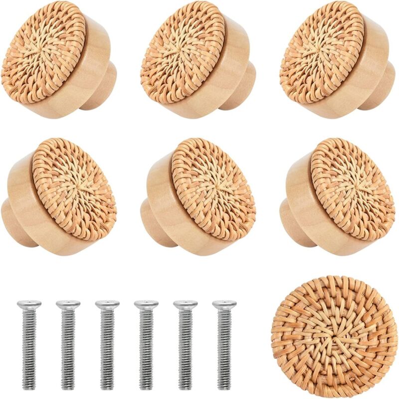 8 Pièces Bouton Cuisine de Placard En Rotin PoignéE de Meuble Cuisine Boutons de Porte Meuble Tiroir Placard, Tiroir Enbois Ronds Pour Cusine Chambre