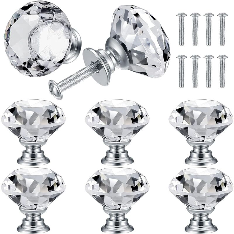 8 Pièces Boutons de Meuble, Bouton de Porte de Cristal, Poignées de Diamant, 30 mm