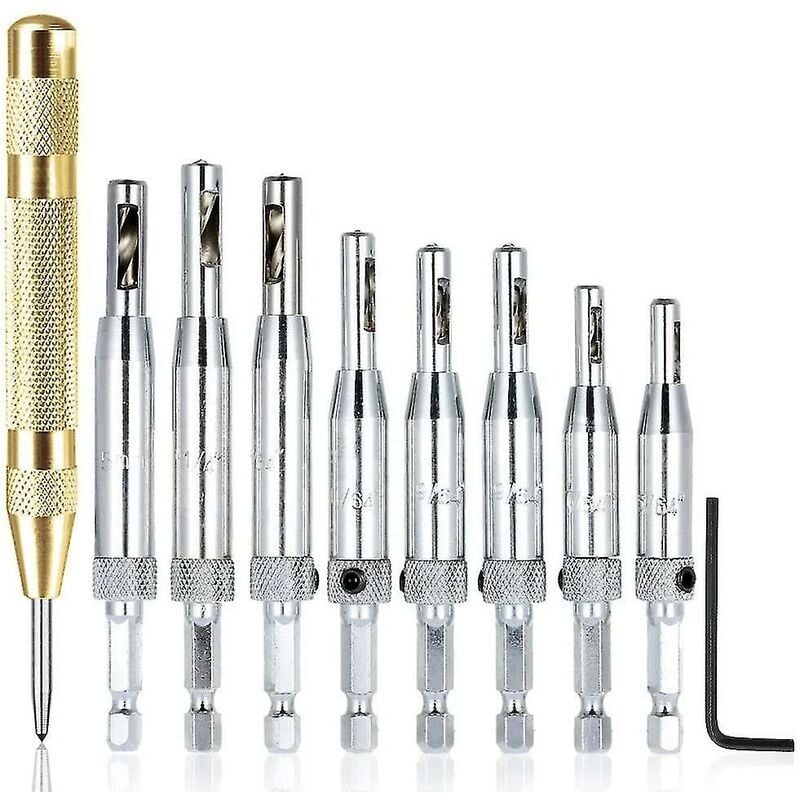 SNQ - 8 Pieces Center Drill Bit Sets Elf-centering Hinge Drill Hole Punch Woodworking Tools For 1/4'' Furniture Door