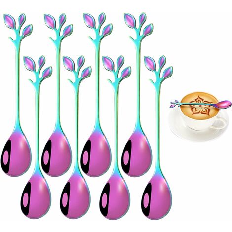 8 pièces coloré de cuillère à café en feuille d'acier inoxydable, cuillère café,Petite Cuillère à Dessert en Acier inoxydable, mini cuillère à dessert design branche, utilisé pour l'eau thé lait café…