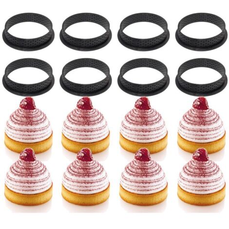 8 Pièces Coupe-Moule à Gâteau en Cercle Perforé, Tarte à Anneau de Cercle de Mousse de Forme Ronde Noire, Anneau de Coupe-Pâtisserie Antiadhésif pour La Décoration de Gâteau