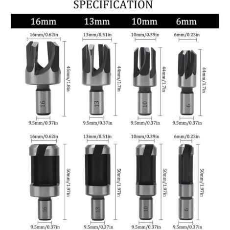 8 Pièces Fraise à Bouchonner Bois, Mèche à Bouchon Bois 6 mm/10 mm/13 mm/16 mm, Acier Carbone Bois Plug Perceuse pour le Travail du Bois, Forets à Bo